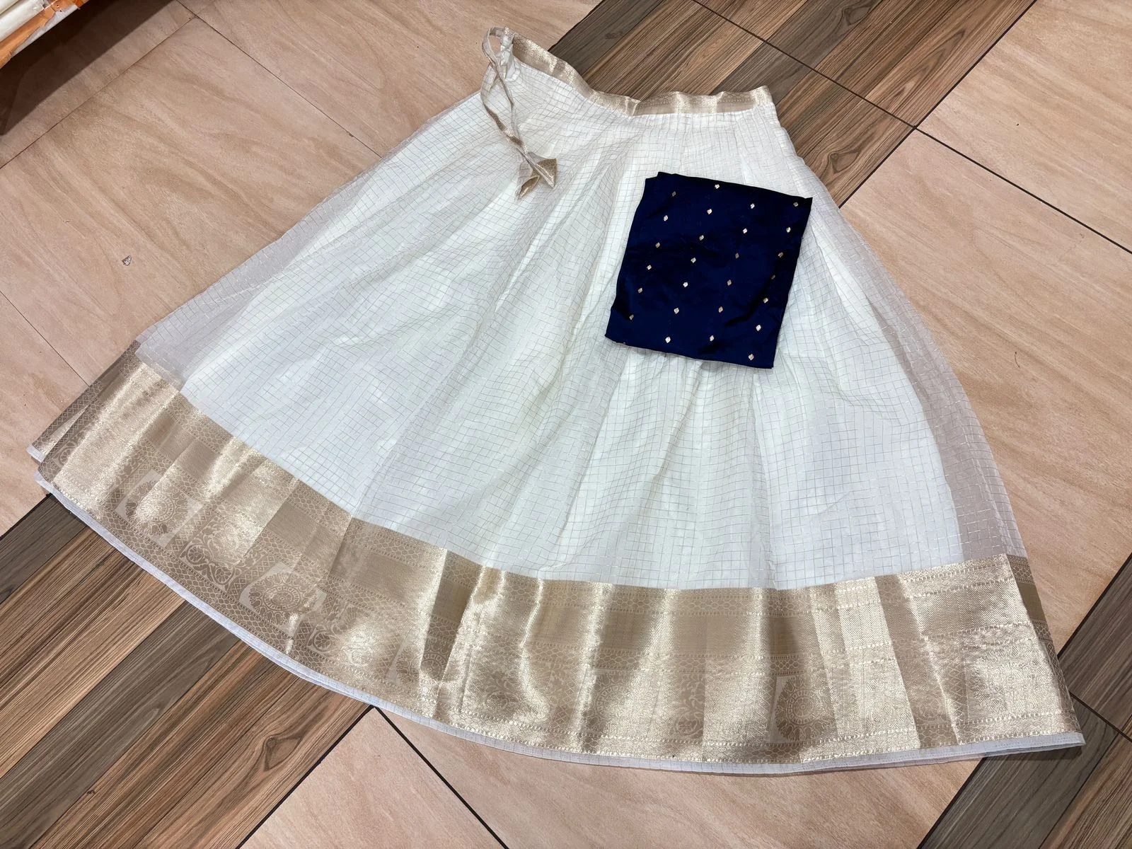 White and Gold Skirt with Navy Crop Top