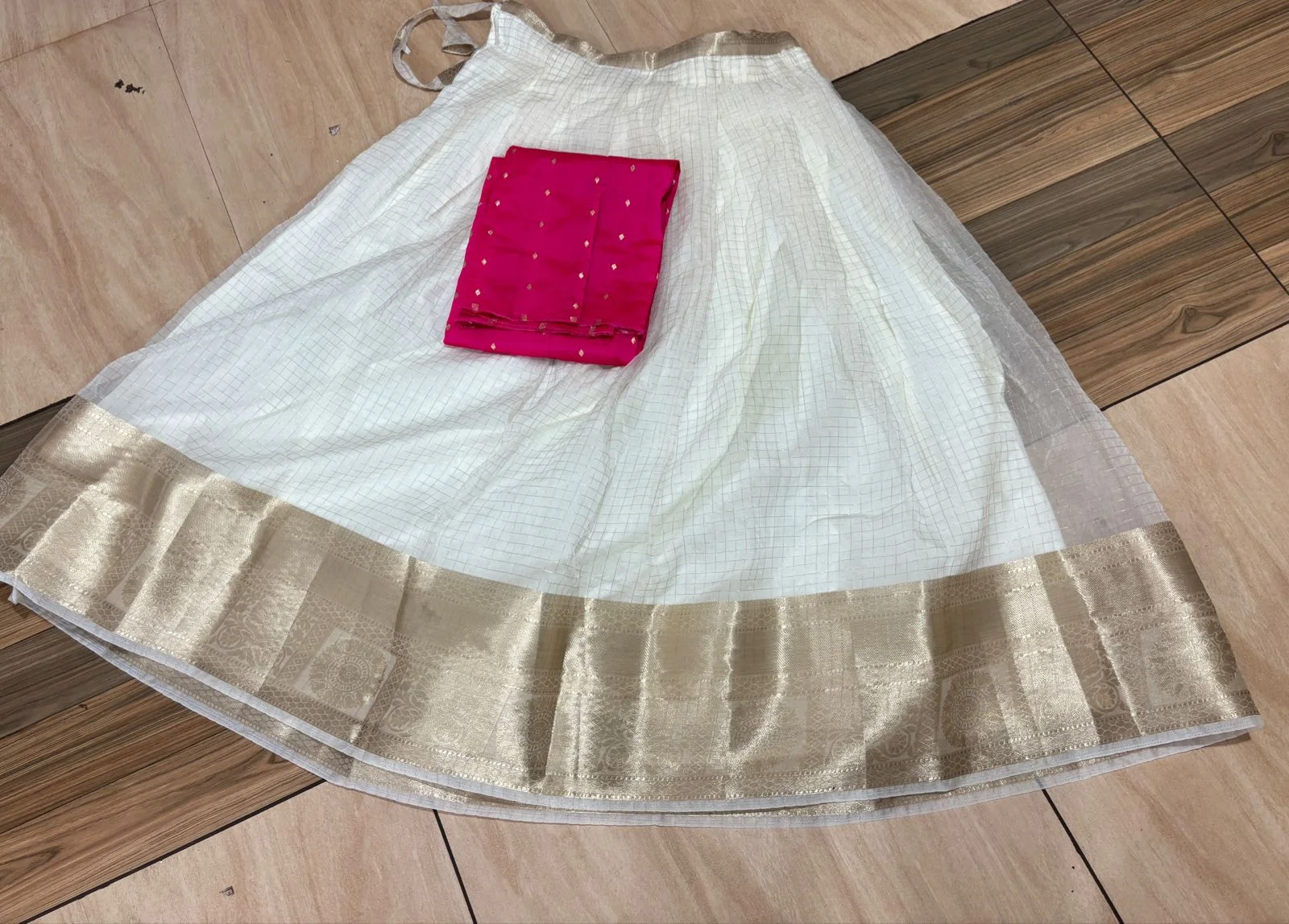 White and Gold Skirt with Fuchsia Pink Crop Top
