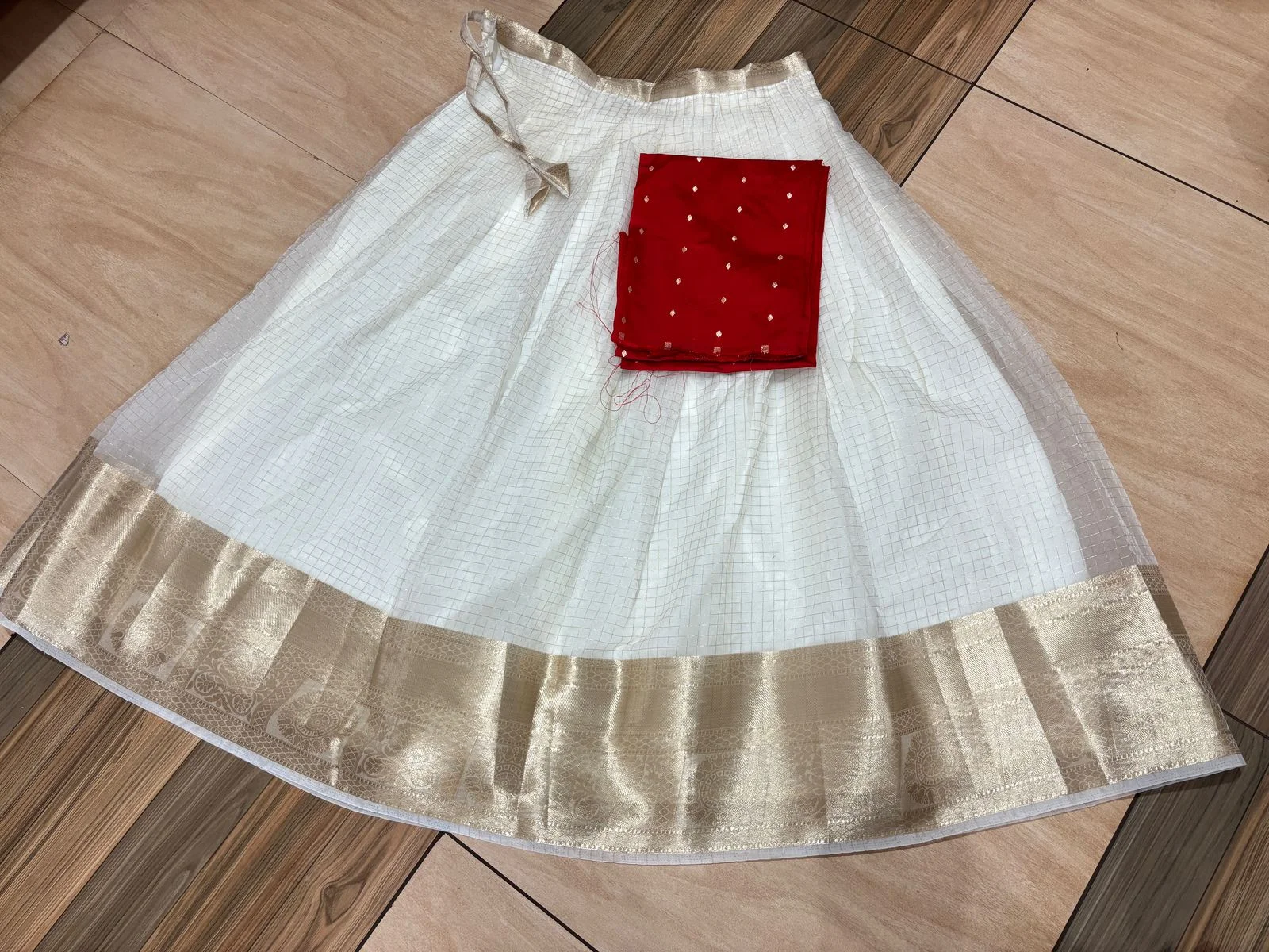 White and Gold Skirt with Red Crop Top