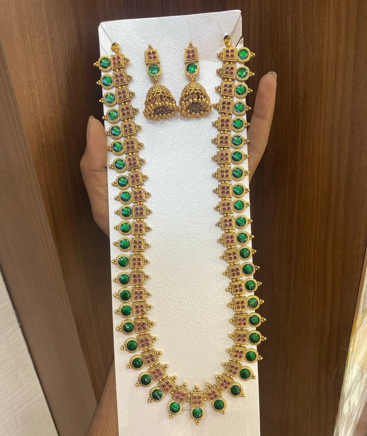 Emerald & Ruby Long Haram with Jhumkas