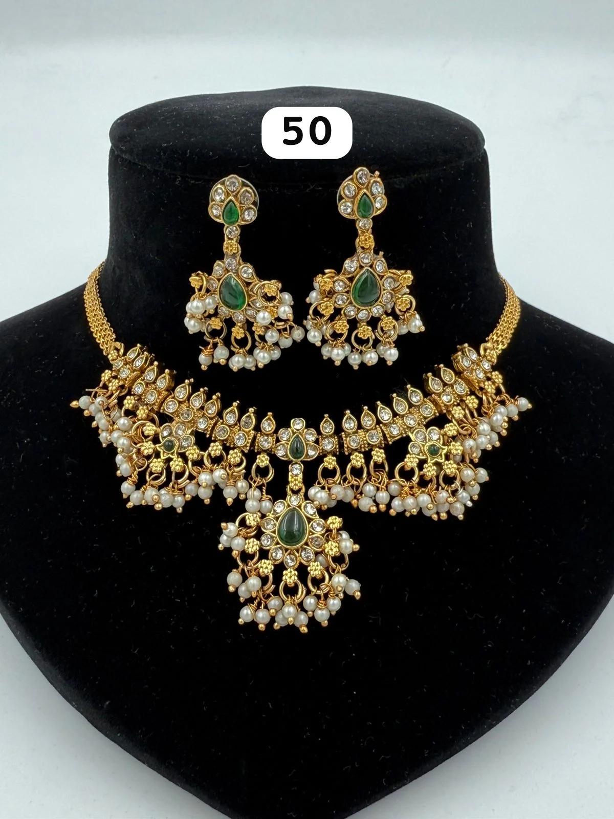 Antique Green Stone & Pearl Choker Set