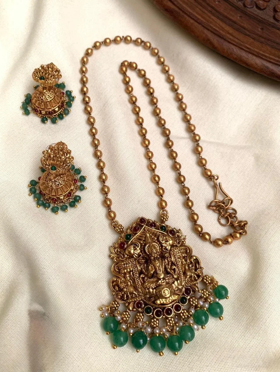 Antique Lakshmi Temple Necklace with Green Beads