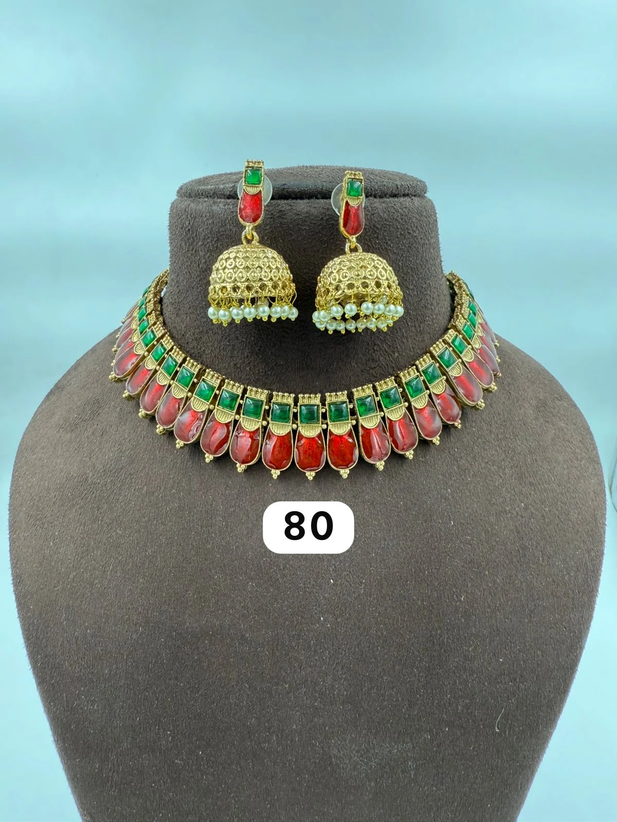Red & Green Stone Choker with Jhumkas