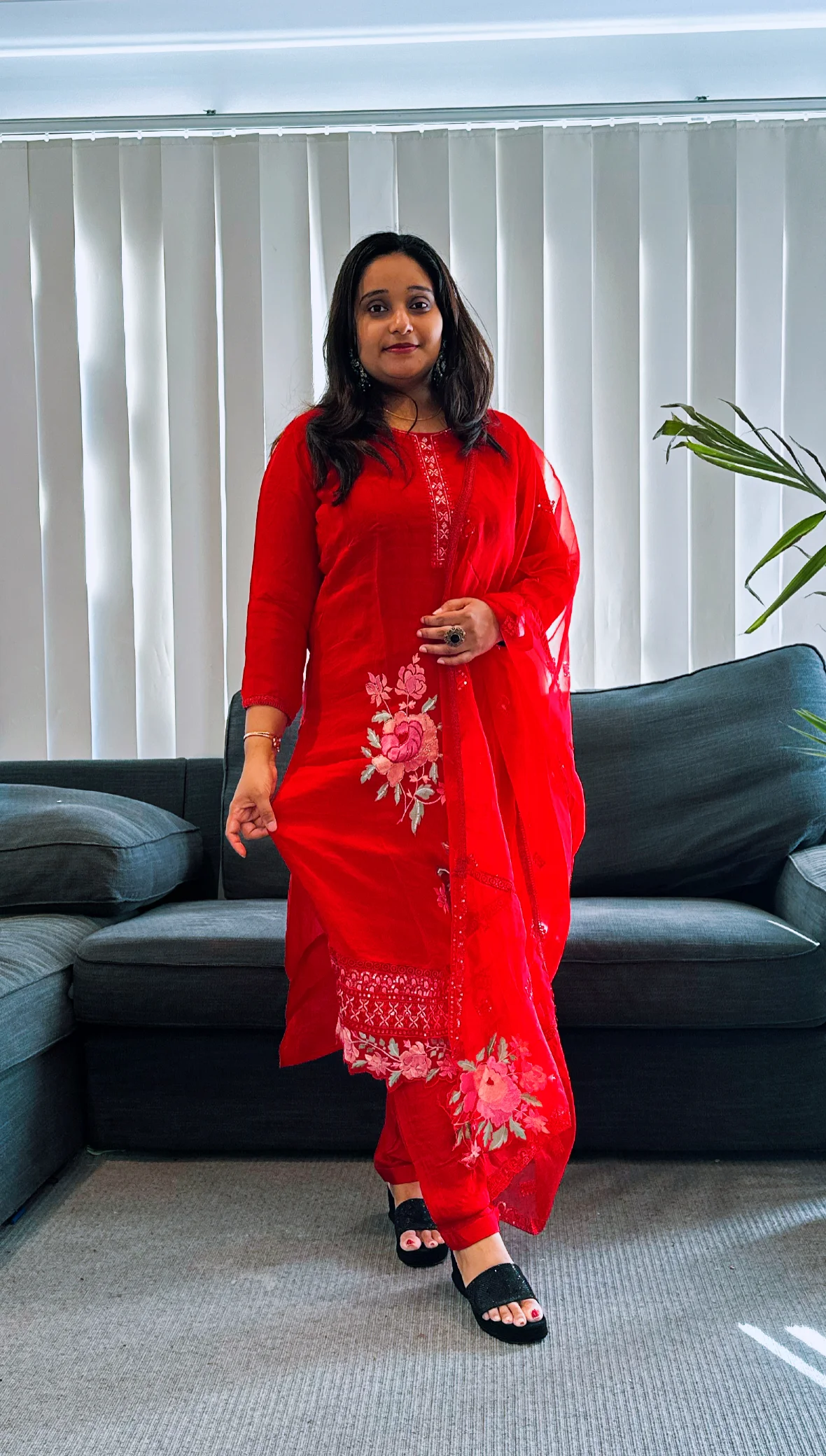  Red Floral Embroidered Kurta Set
