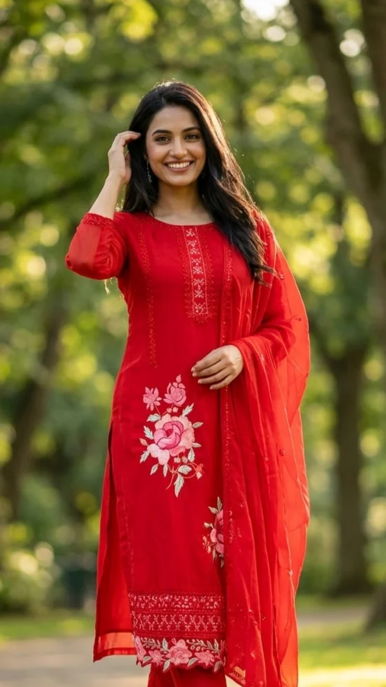  Red Floral Embroidered Kurta Set
