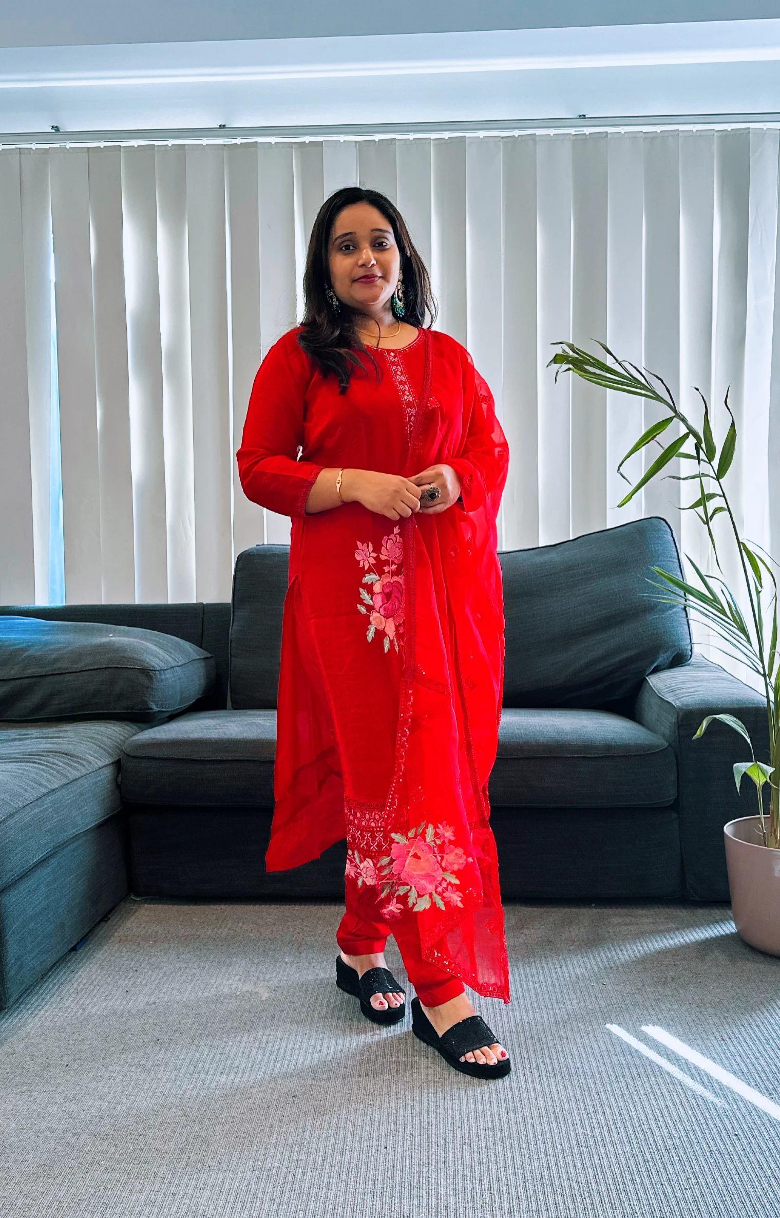  Red Floral Embroidered Kurta Set - Image 3