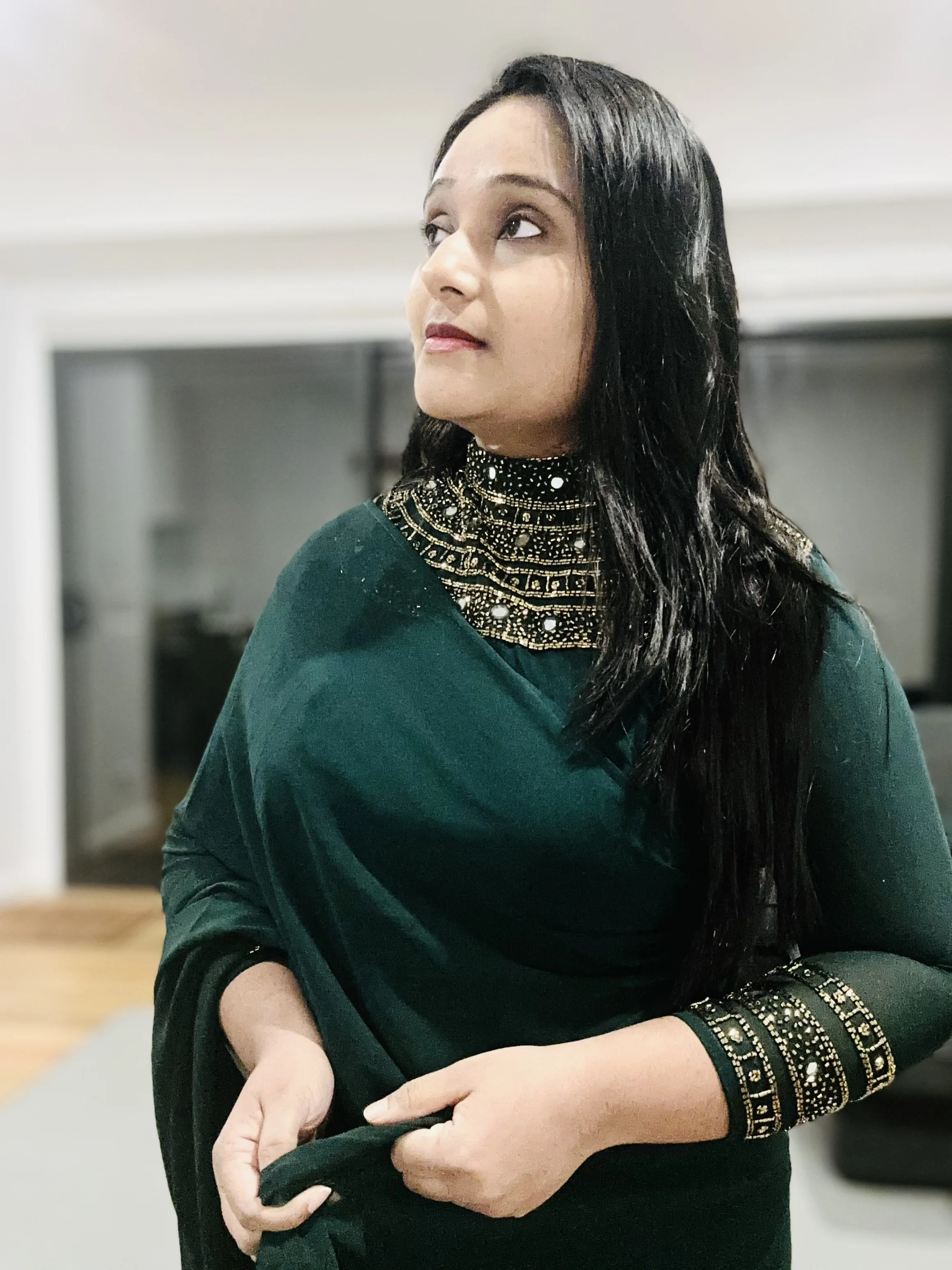  Embellished Collar Saree with Full Sleeves