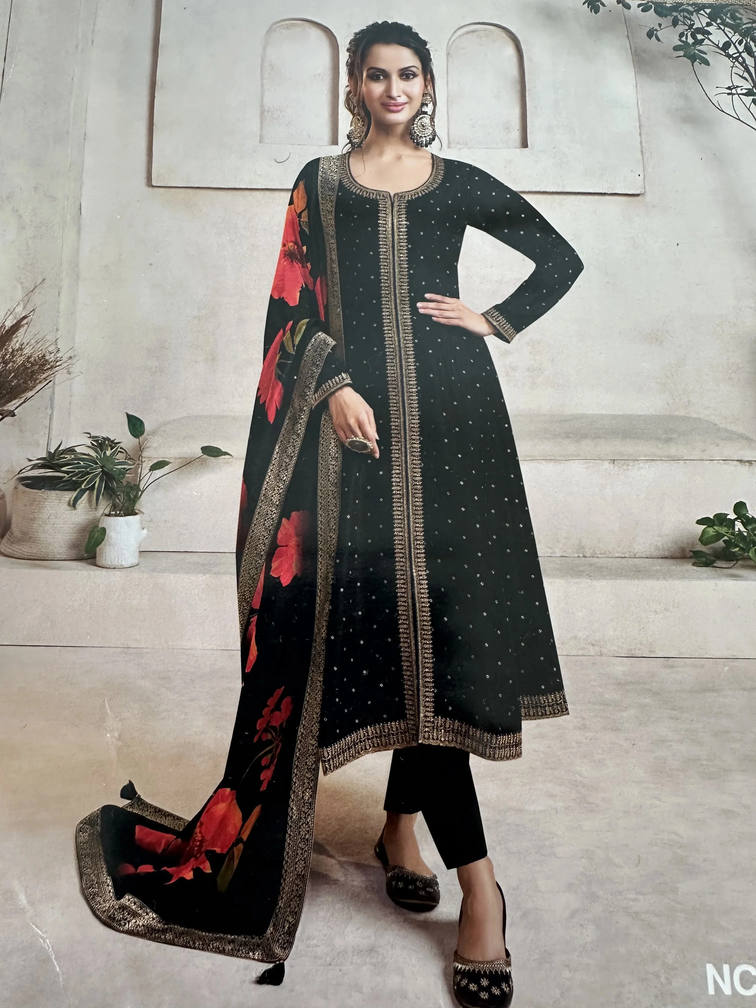  Black Embroidered Anarkali Suit with Floral Dupatta