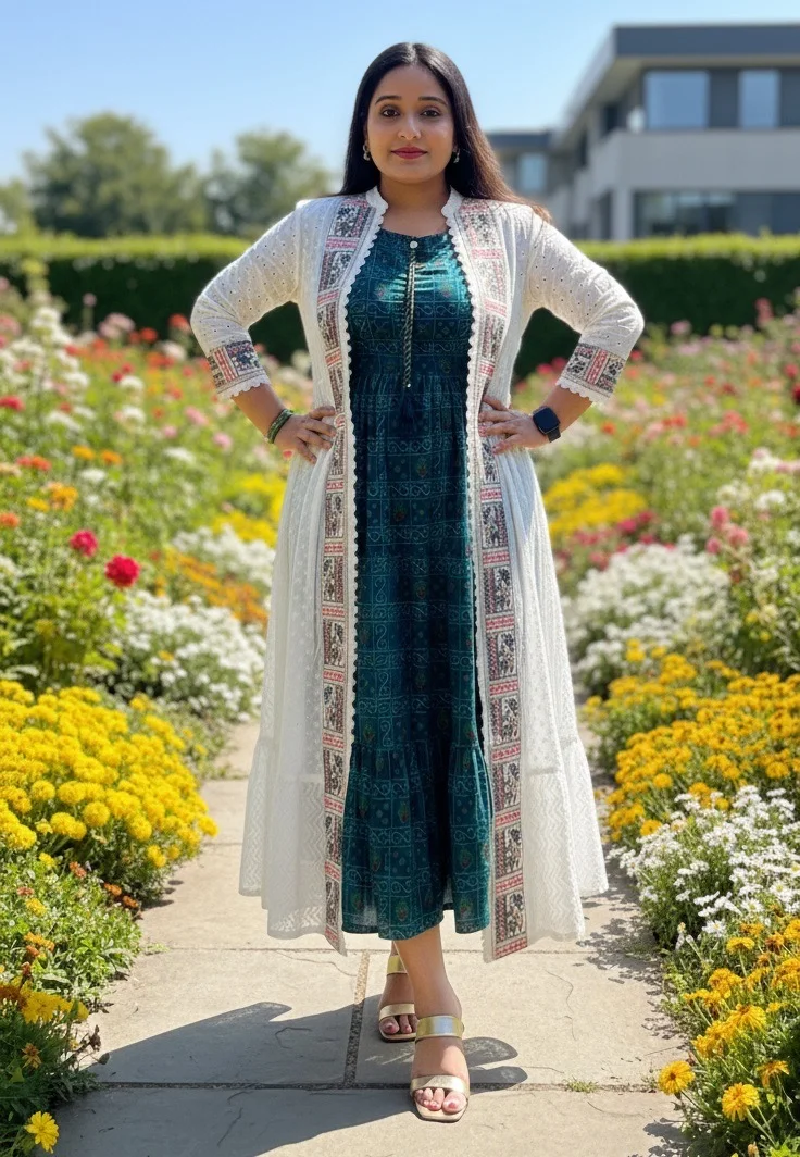 Printed Dress with Long White Shrug