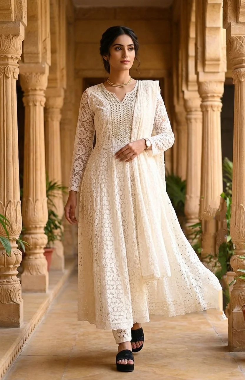  White Lace Anarkali Salwar Suit