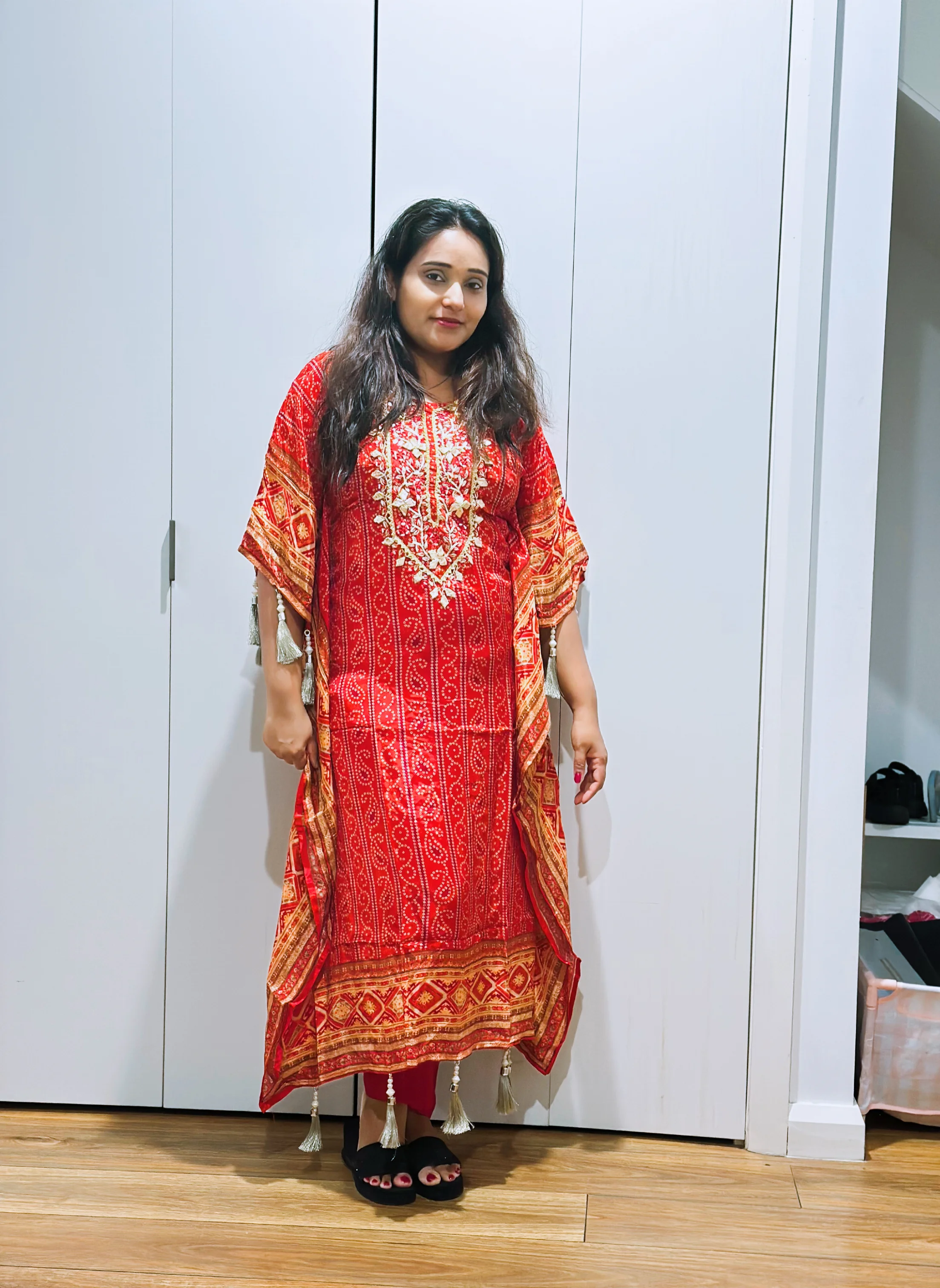  Red Embellished Bandhani Kaftan