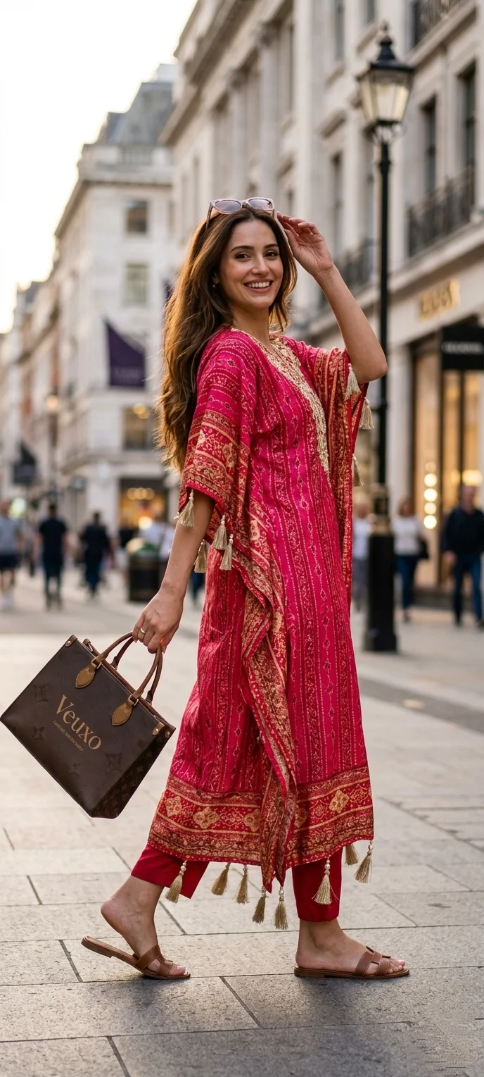  Red Embellished Bandhani Kaftan