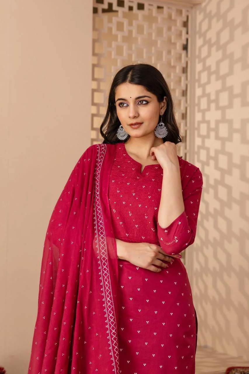 Maroon Embroidered Cotton Salwar Suit