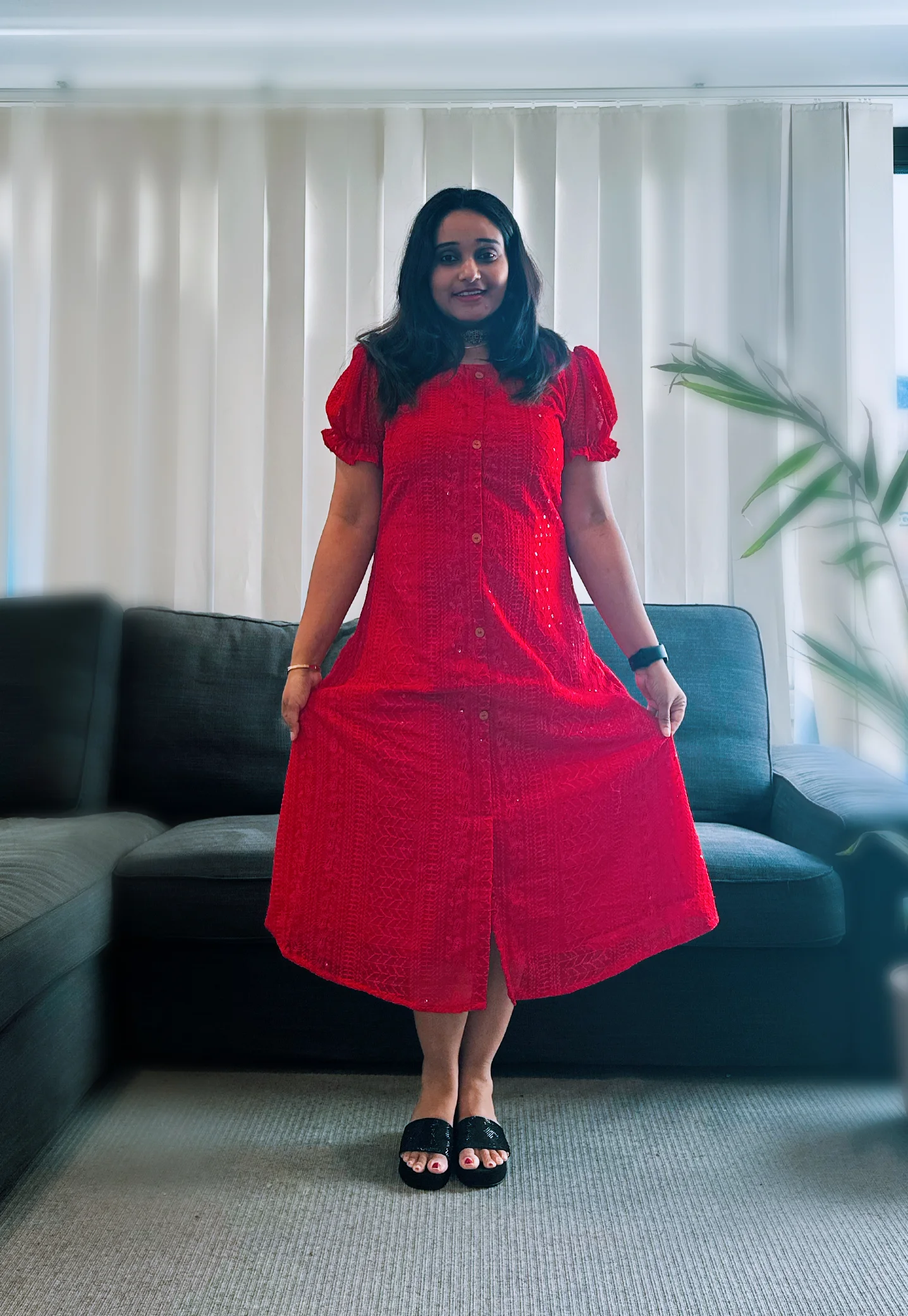  Red Textured Button-Front Dress