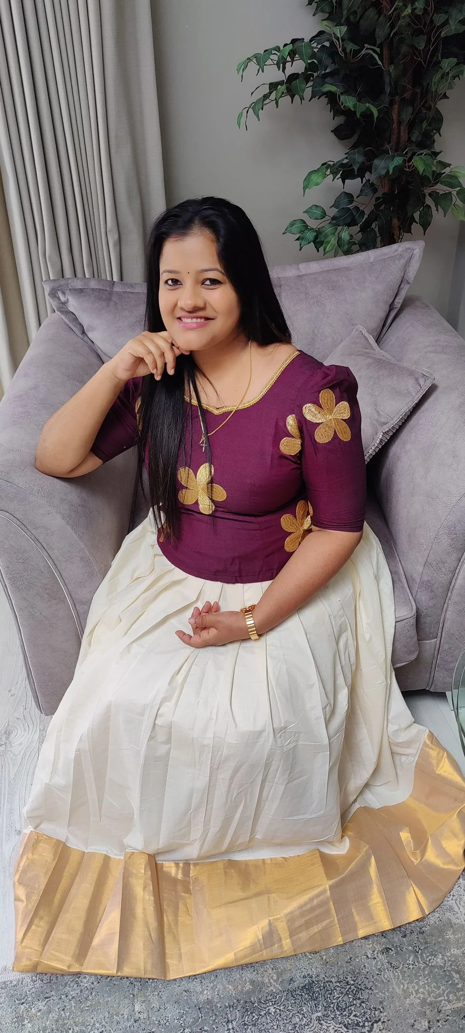Maroon Embroidered Top with Gold Border Skirt