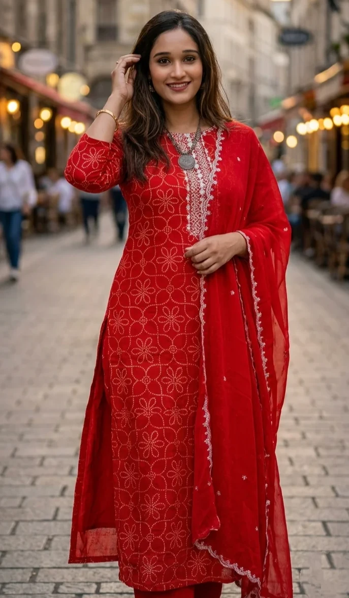 Red Embroidered Salwar Suit with Mirror Work