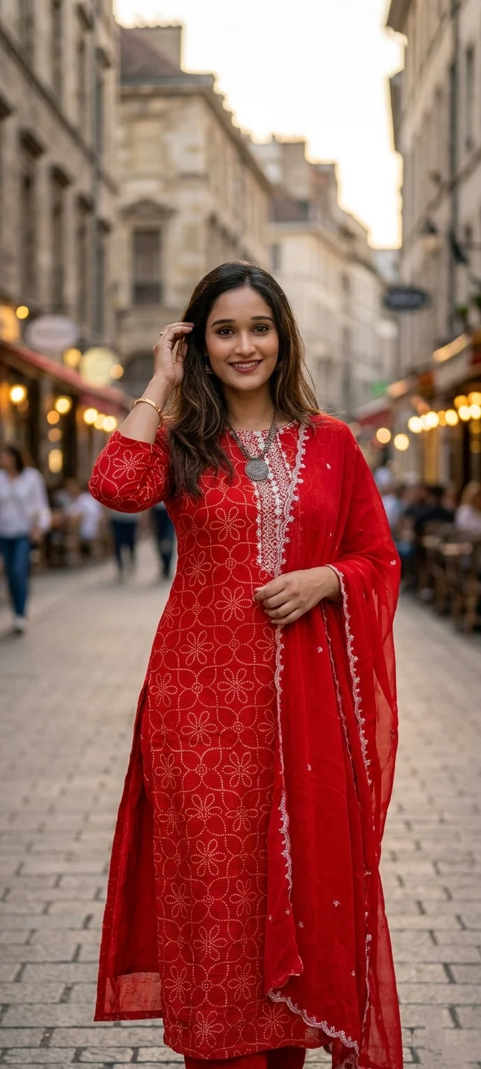 Red Embroidered Salwar Suit with Mirror Work