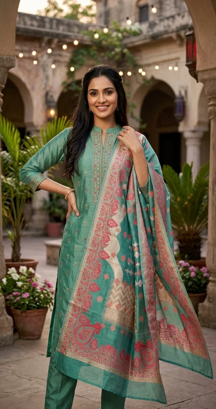  Teal Green Salwar Suit with Printed Dupatta