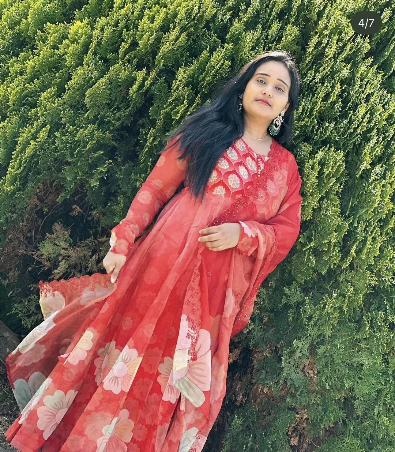 Red Floral Printed Anarkali Suit