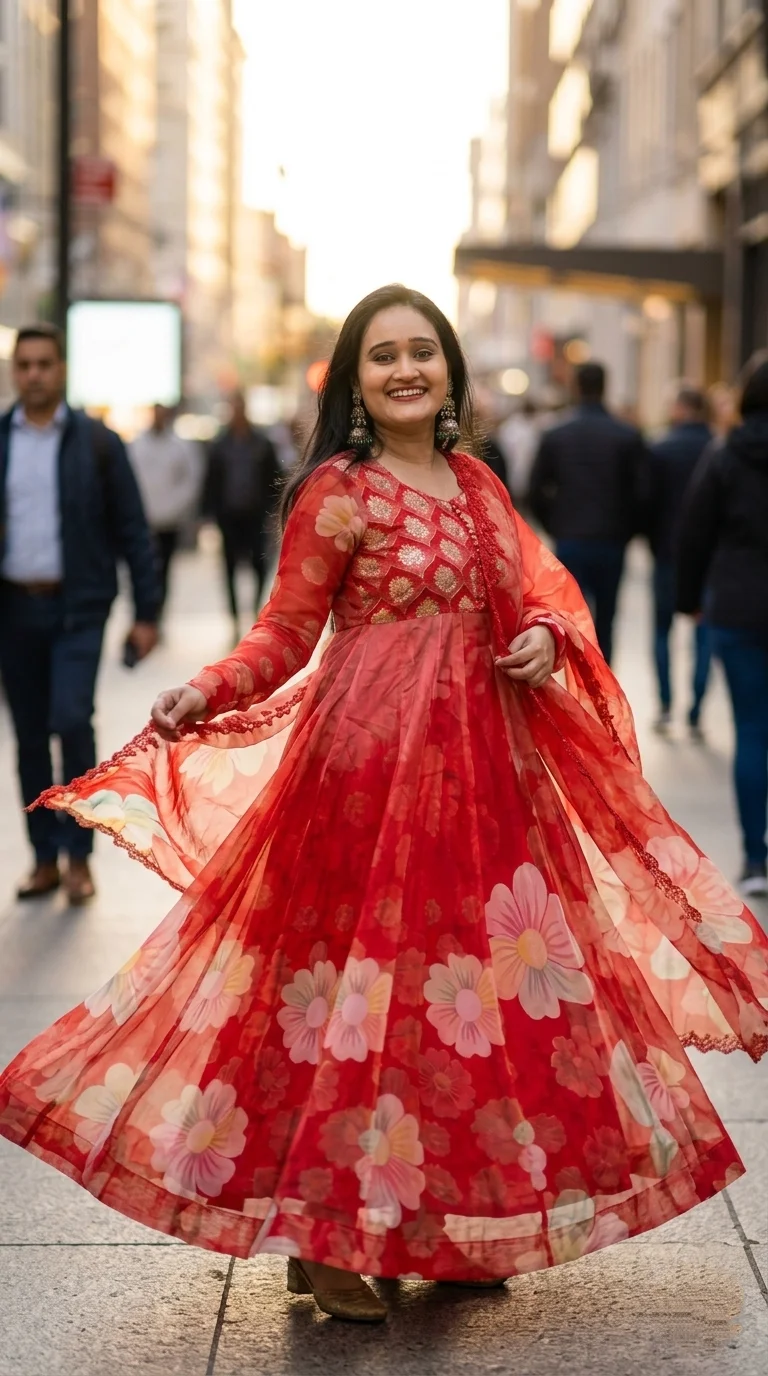 Red Floral Printed Anarkali Suit