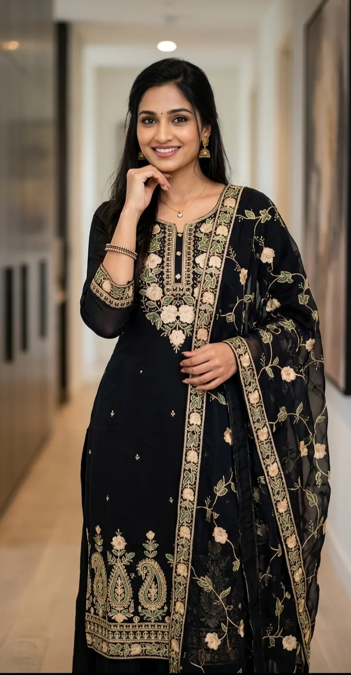  Black Embroidered Salwar Suit with Floral Dupatta