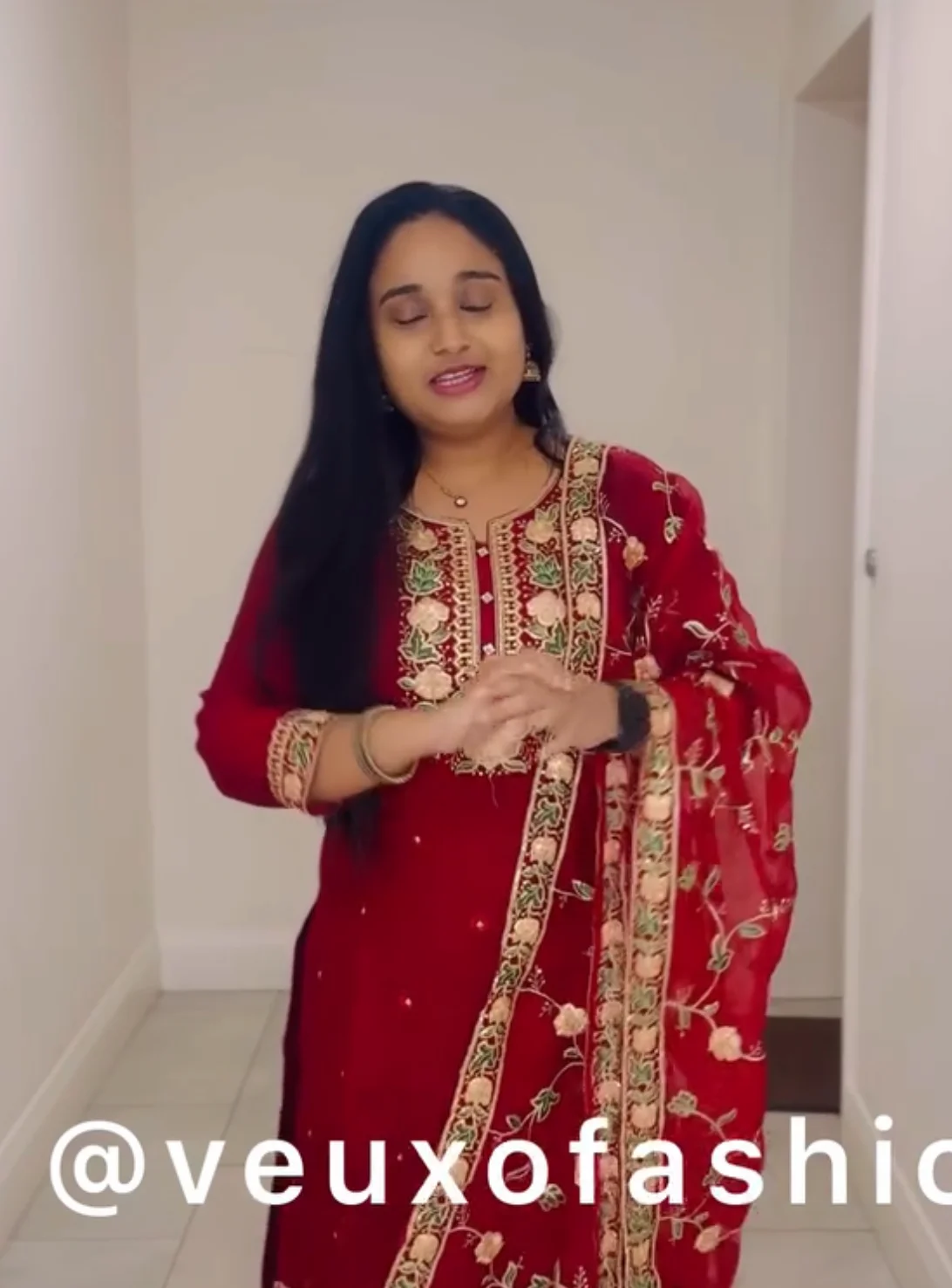  Red Embroidered Salwar Suit with Floral Motifs and Gold Trim