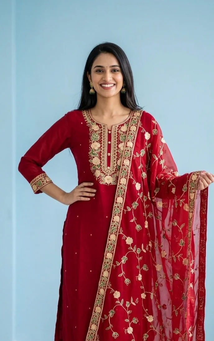  Red Embroidered Salwar Suit with Floral Motifs and Gold Trim