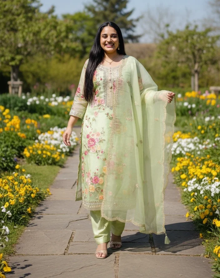  Light Green Floral Printed Salwar Suit with Embellished Neckline - Image 2