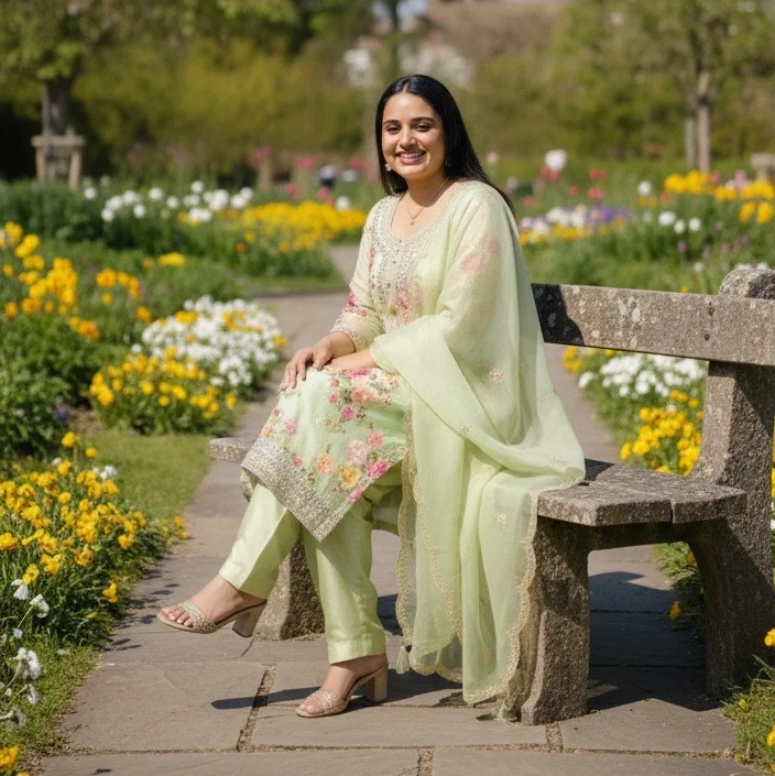  Light Green Floral Printed Salwar Suit with Embellished Neckline
