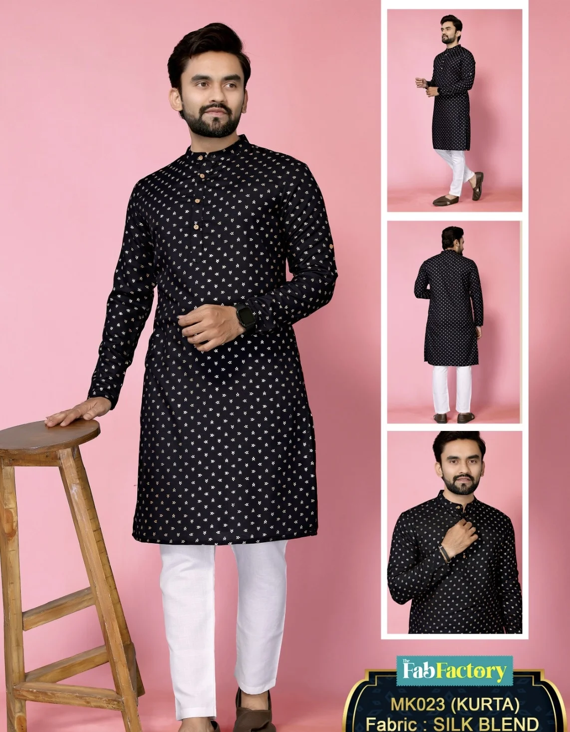 Men's Black Printed Silk Blend Kurta 