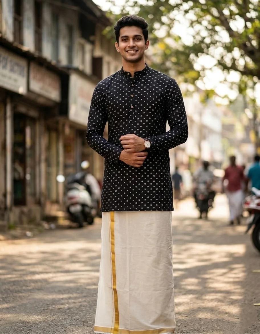 Men's Black Printed Silk Blend Kurta . Kurta only