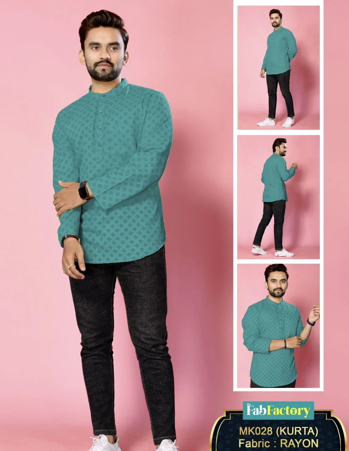 Men's Teal Green Printed Rayon Kurta