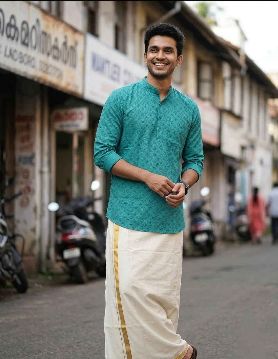 Men's Teal Green Printed Rayon Kurta. Kurta only