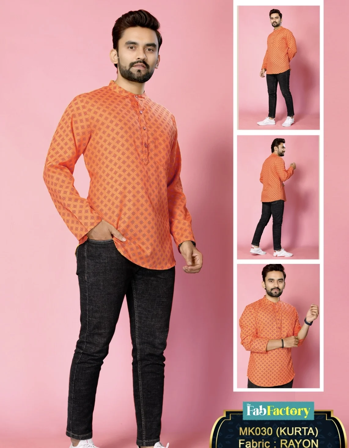  Men's Orange Printed Rayon Kurta