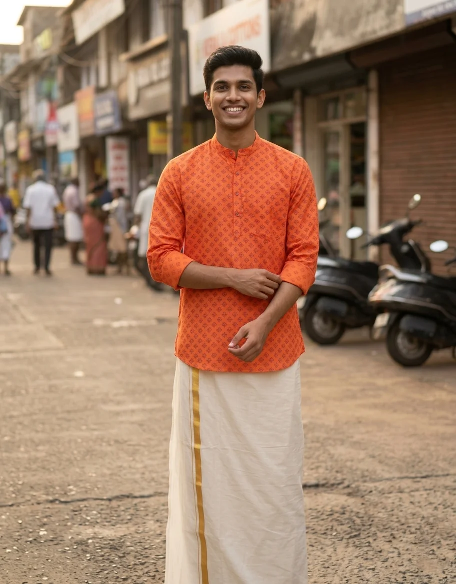  Men's Orange Printed Rayon Kurta. Kurta only