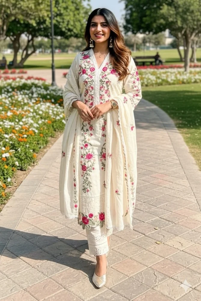 White Embroidered Chikankari Salwar Suit with Floral Motifs