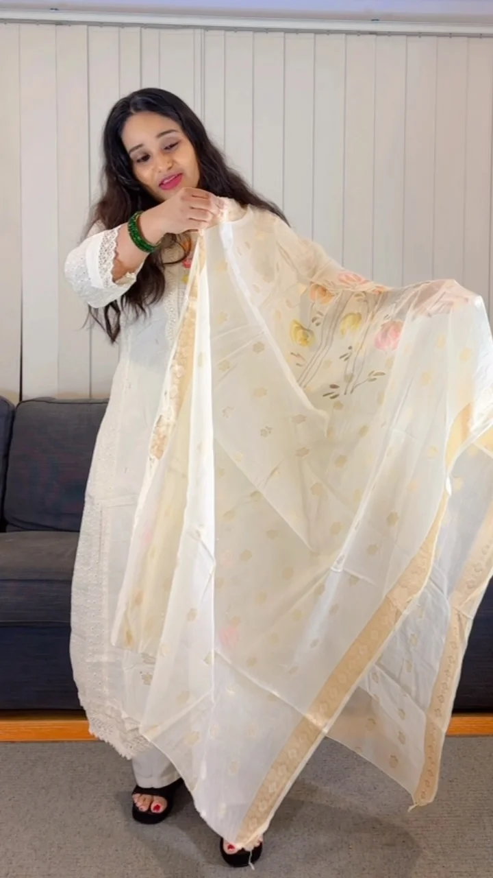 White Floral Embroidered Salwar Suit with Sheer Sleeves - Image 2