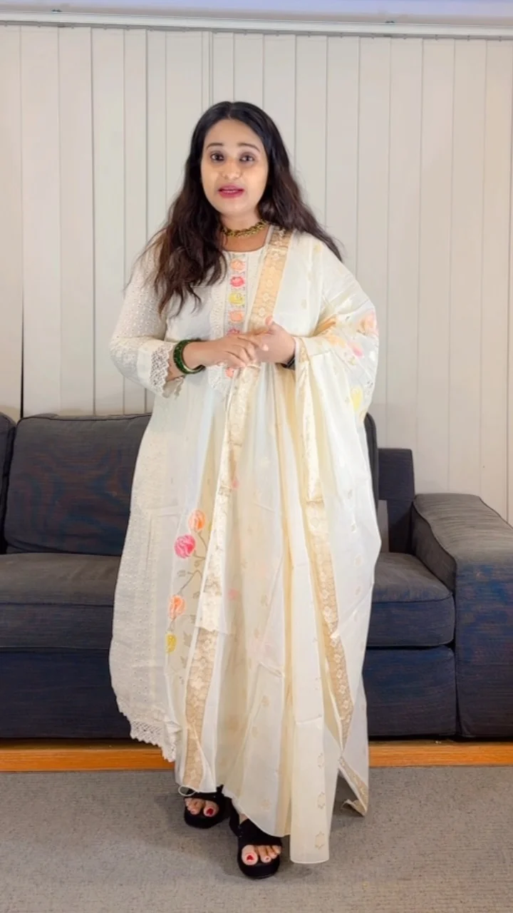 White Floral Embroidered Salwar Suit with Sheer Sleeves