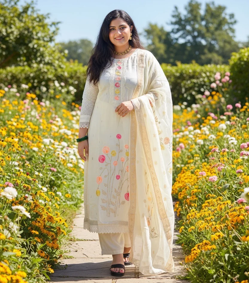 White Floral Embroidered Salwar Suit with Sheer Sleeves