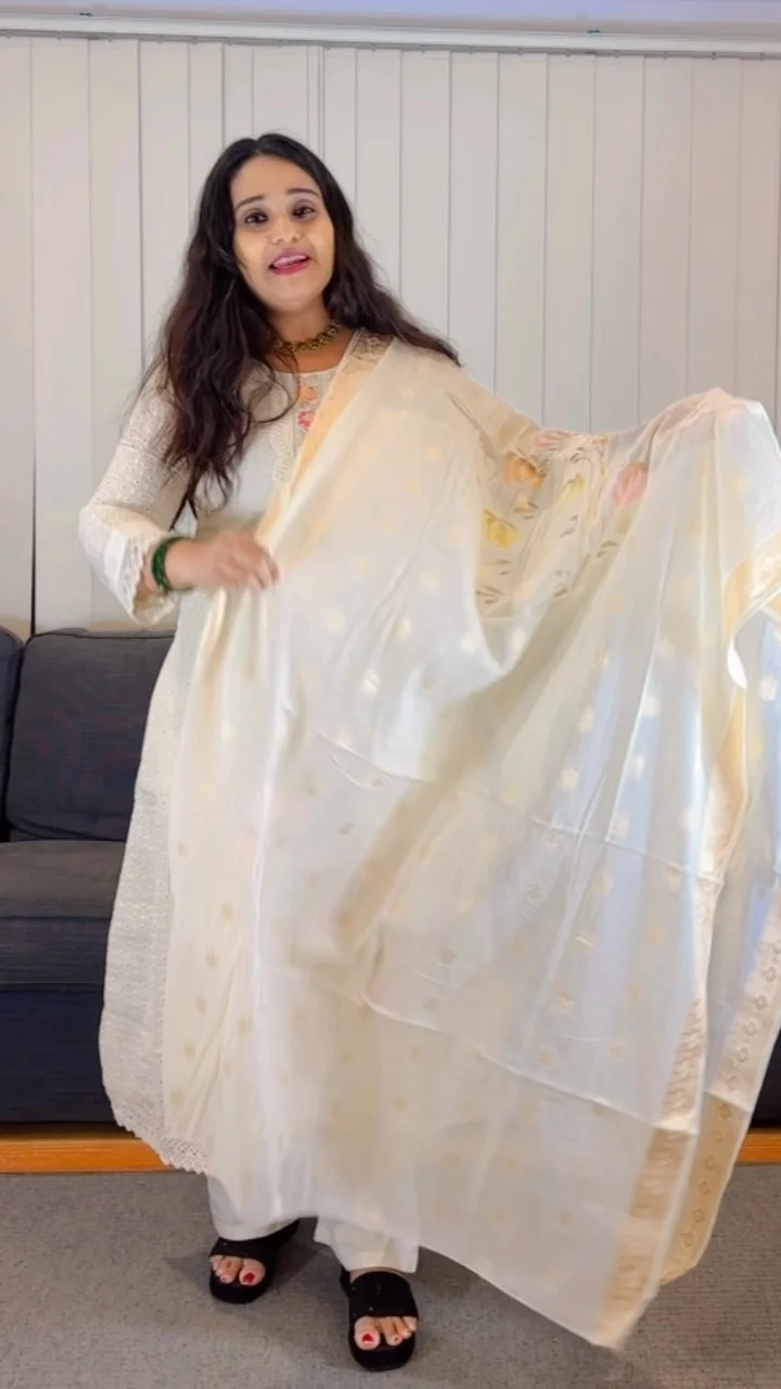 White Floral Embroidered Salwar Suit with Sheer Sleeves - Image 4
