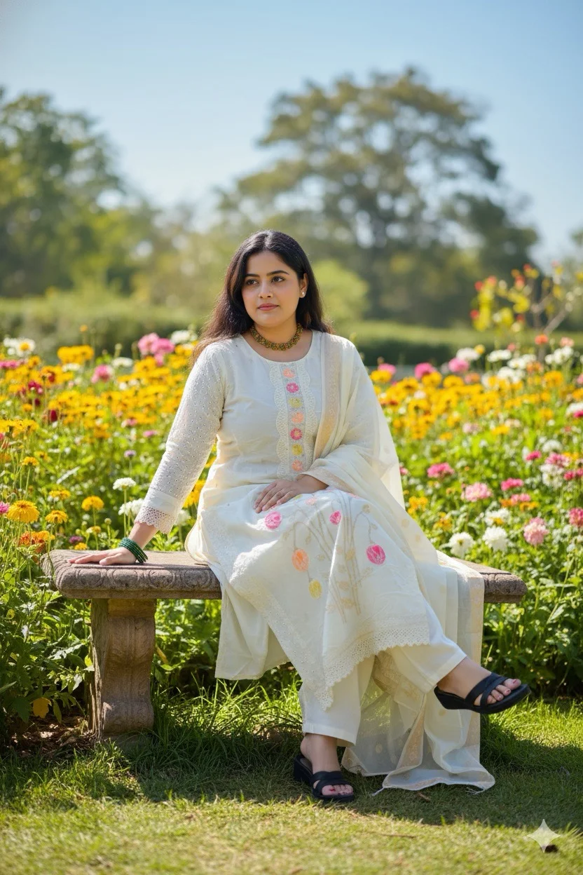 White Floral Embroidered Salwar Suit with Sheer Sleeves - Image 2