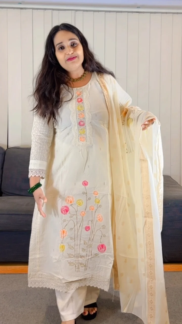 White Floral Embroidered Salwar Suit with Sheer Sleeves - Image 3