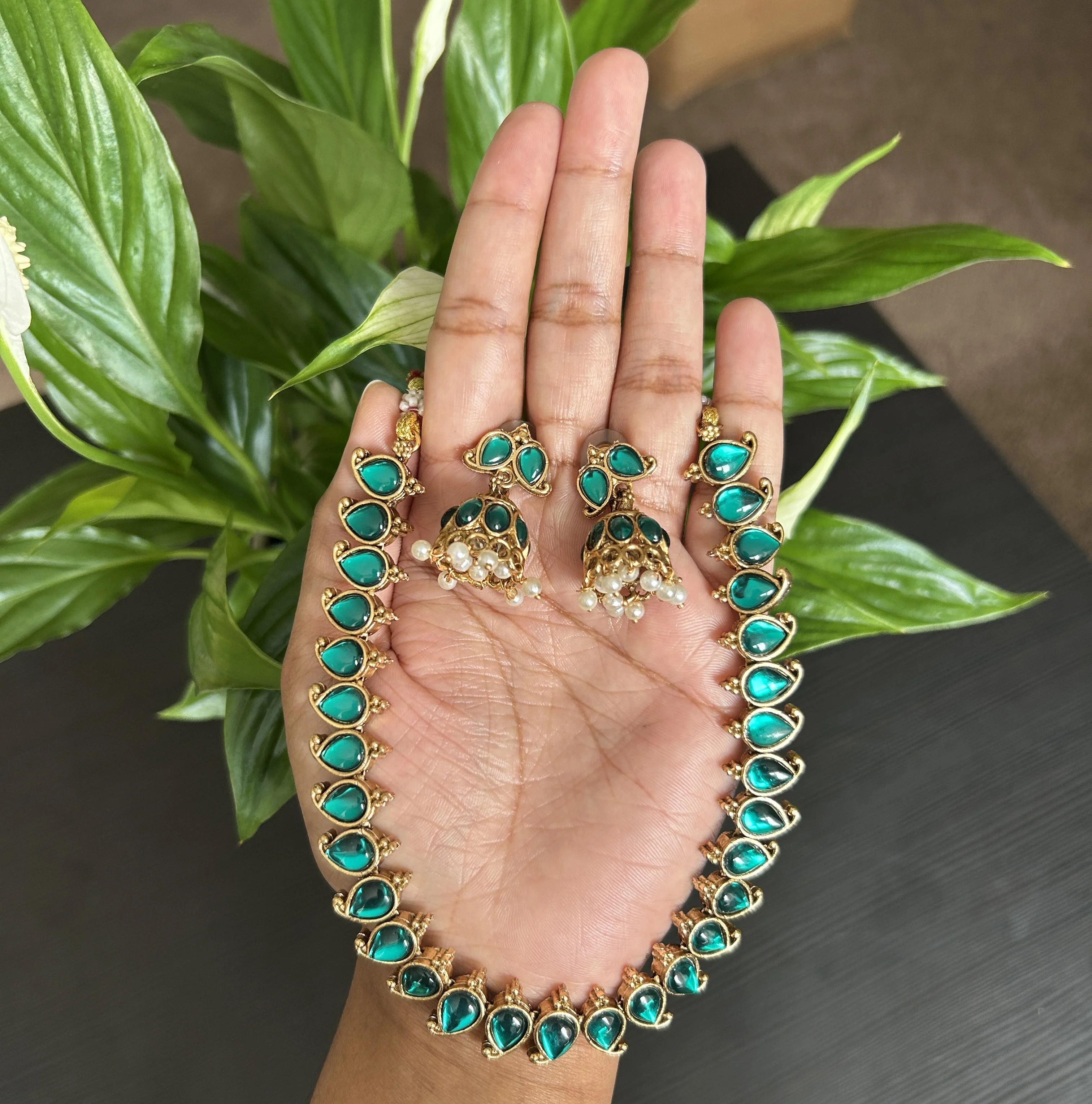 Emerald Green Mango Necklace with Jhumkas