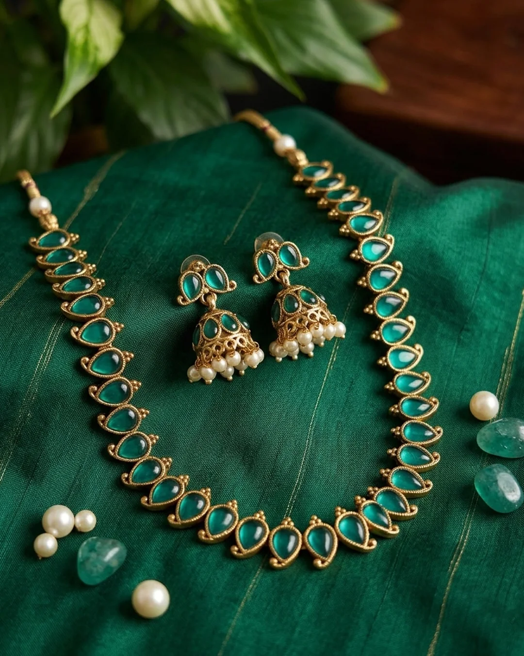 Emerald Green Mango Necklace with Jhumkas