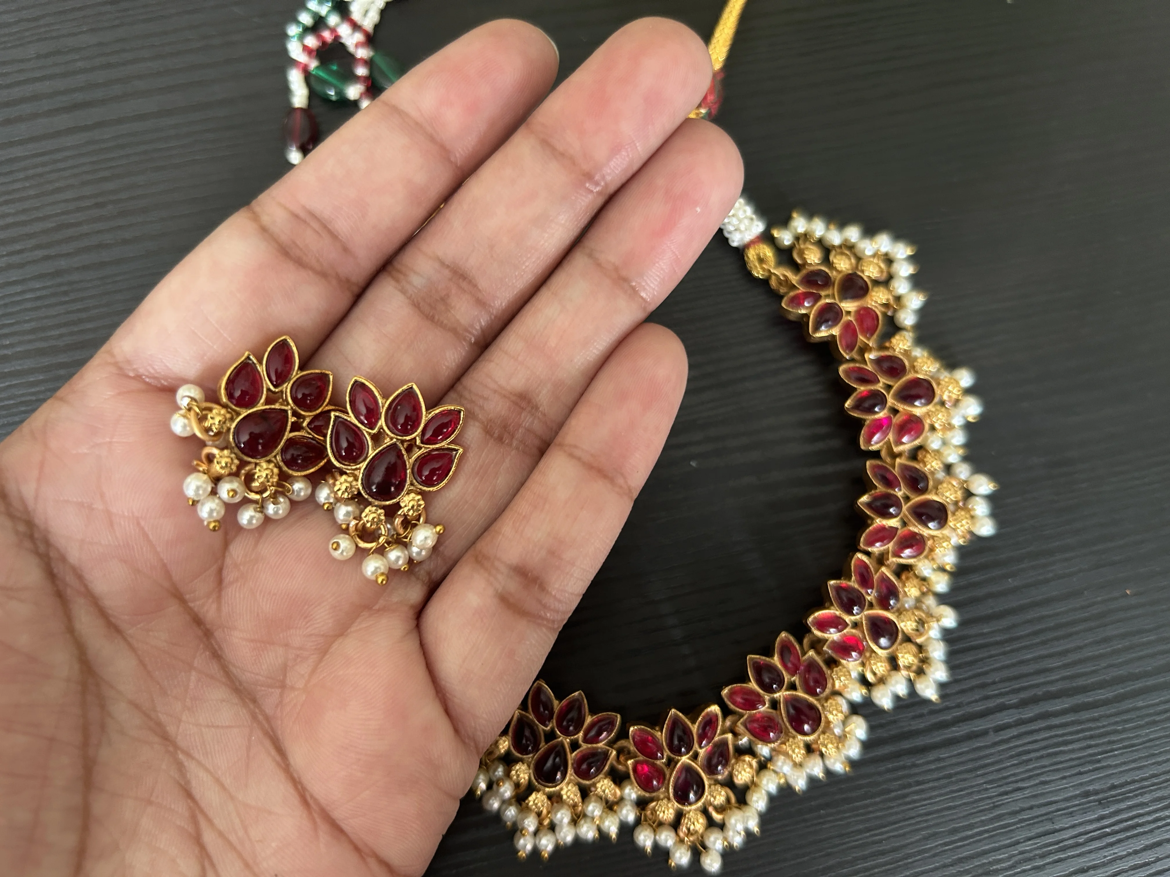 Ruby Floral Choker with Pearl Drops