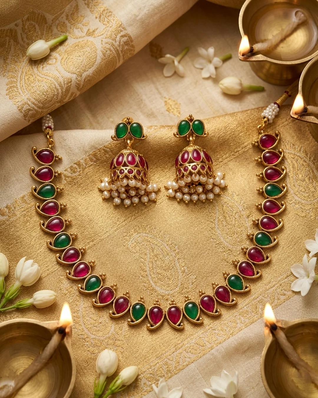 Ruby & Emerald Stone Necklace with Jhumkas