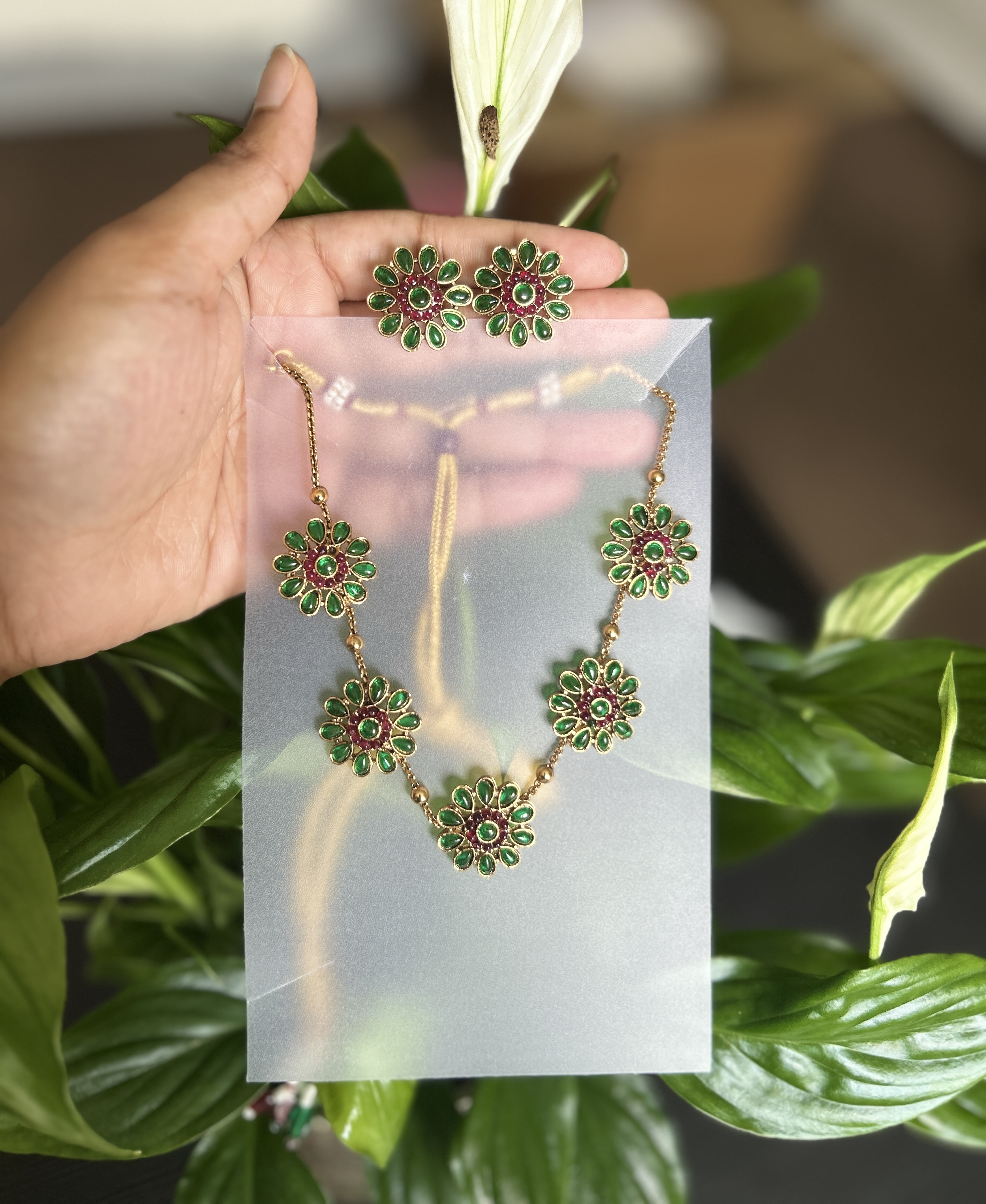 Ruby & Emerald Floral Necklace and Studs