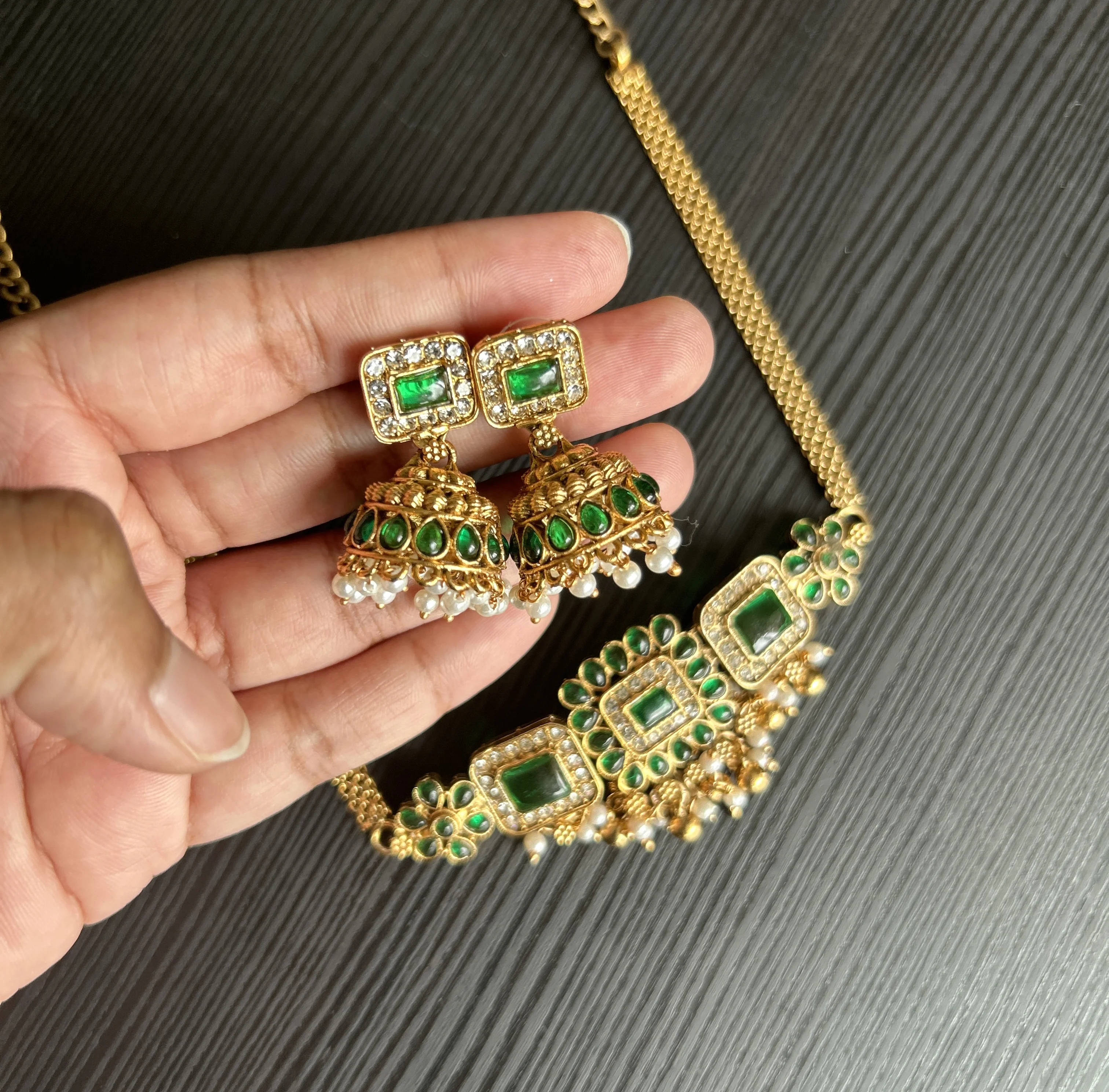 Emerald Stone Choker with Jhumkas