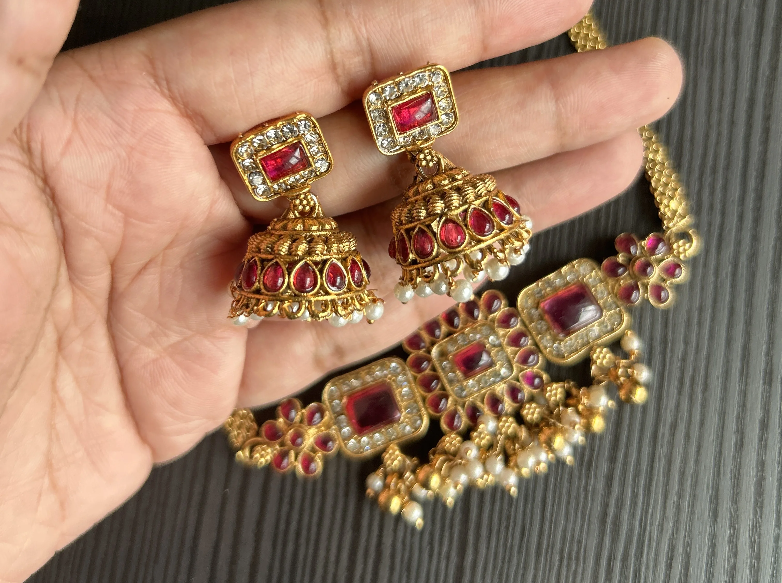 Ruby Stone Choker with Jhumkas