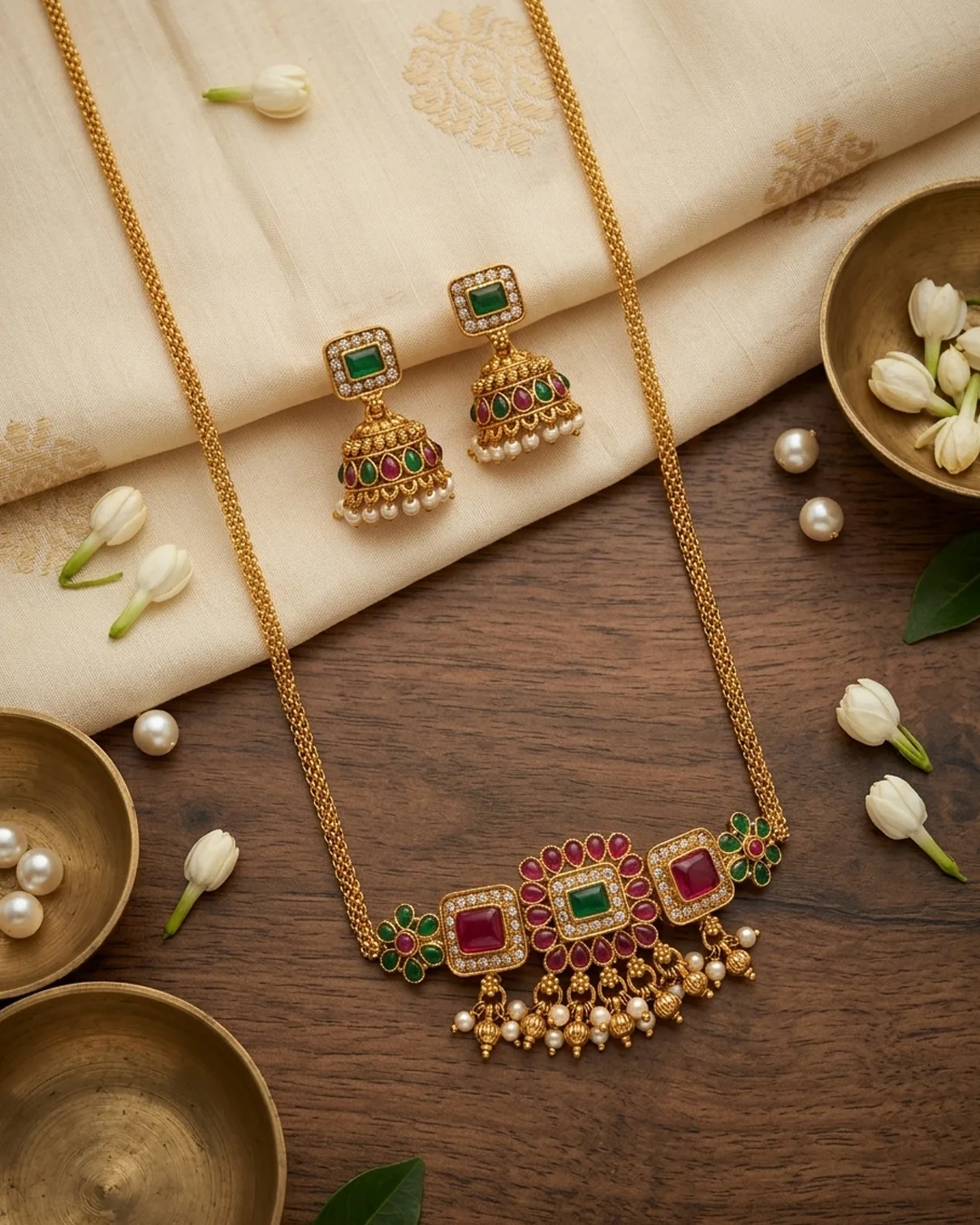 Ruby & Emerald Choker with Jhumkas